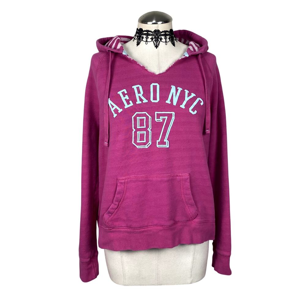 Y2K Hot Pink Striped Aéropostale Distressed Grunge Preppy Coquette Pullover Hood